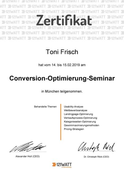 Zertifikat Conversion Optimierung Seminar Toni Frisch