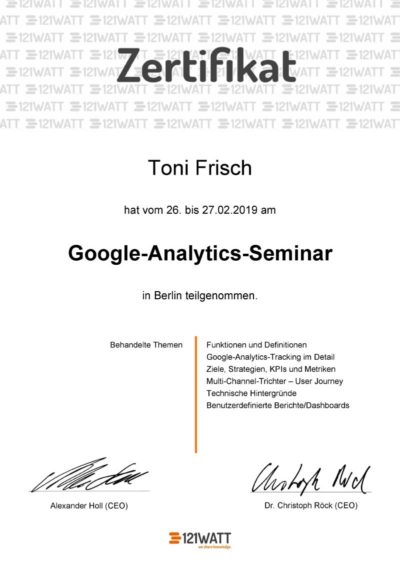 Zertifikat Google Analytics Seminar Toni Frisch