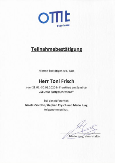 Zertifikat SEO Profi Seminar Toni Frisch