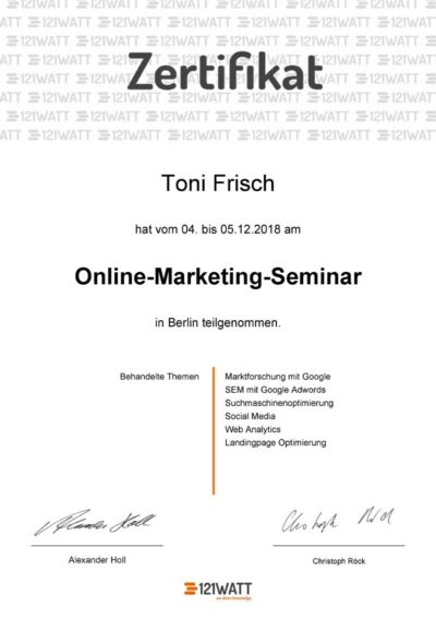 Zertifikat Online Marketing Toni Frisch