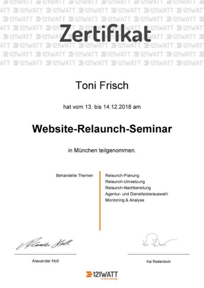 Zertifikat Website-Relaunch Seminar Toni Frisch