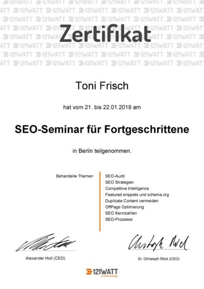 Zertifikat SEO Seminar für Fortgeschrittene Toni Frisch