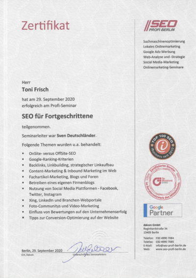 Zertifikat SEO Expert Seminar Toni Frisch