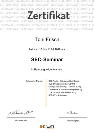 Zertifikat SEO Seminar Toni Frisch