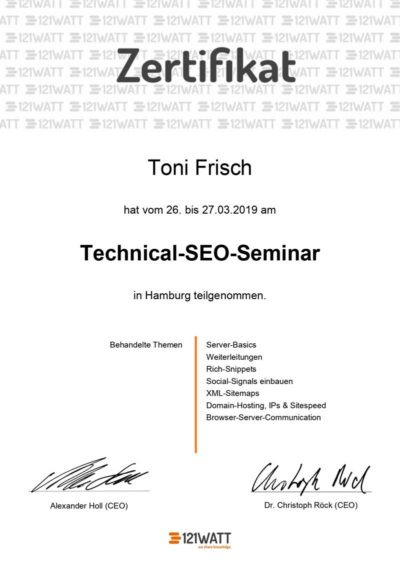 Zertifikat Technical SEO Toni Frisch